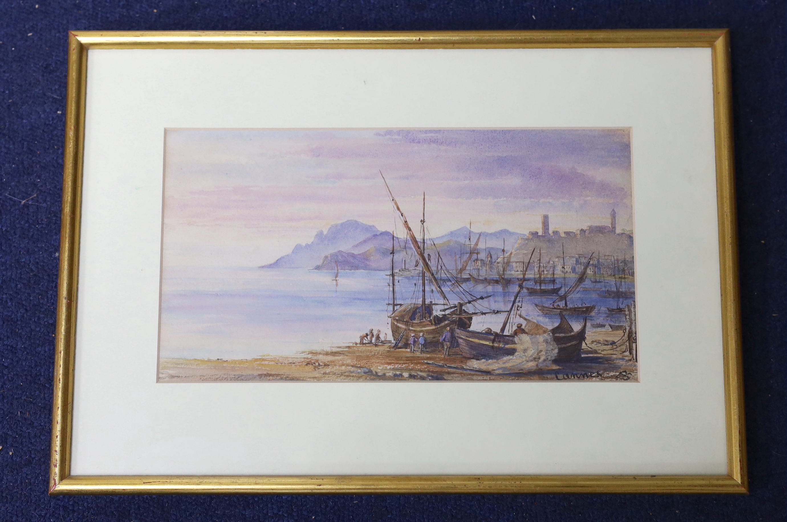 19th century English School, watercolour, Cannes harbour scene, moored fishing boats, inscribed, 28cm x 15cm